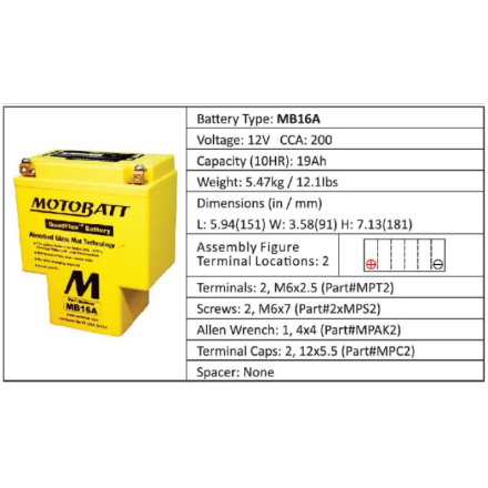 Baterie Motobatt MB16A 17,5Ah, 12V, 2 vývody , MB16A