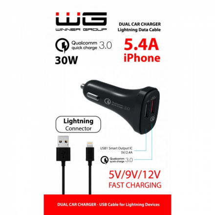 Autonabíječka Winner 2xUSB Qualcomm Quick Charge 3.0 (5,4A) (iPhone MFI cable) (Černá) 0591194078897