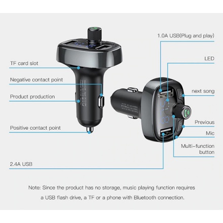 Baseus - FM Vysílač Bluetooth MP3 - nabíječka 2xUSB (CCALL-TM01) Černý