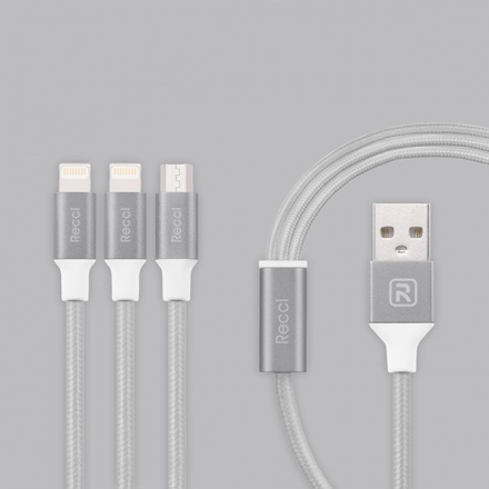 Recci USB kabel RCS-H120 3v1 Micro USB + 2x bleskové rychlé nabíjení 1,2 metru - šedá