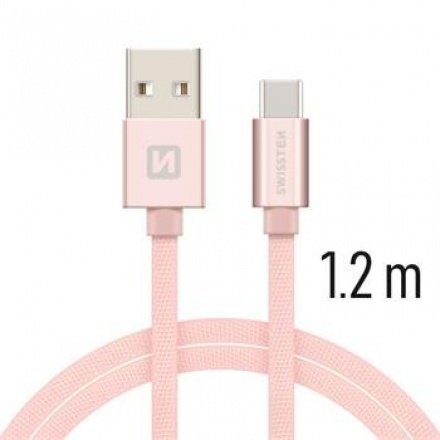 SWISSTEN TEXTILE datový kabel USB - (USB TYP C) 1.2m růžová