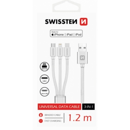 SWISSTEN kabel USB 3v1 microUSB USB-C Lightning MFI 1,2m stříbrná, 72501102