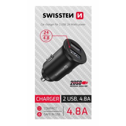 Swissten cl adaptér 2x USB 4,8A metal černý (samoprodavač) 20115000BOX