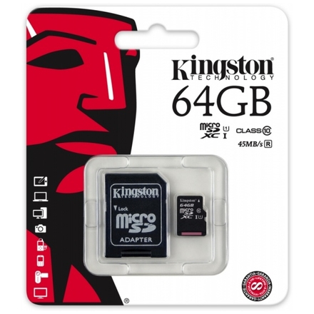 Paměťová karta Kingston microSDXC 64GB UHS-I U1 + adaptér SDC10G2/64GB