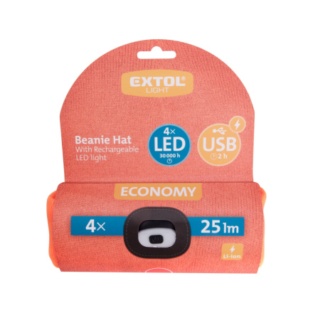 čepice s čelovkou 4x25lm, USB nabíjení, fluorescentní oranžová, ECONOMY, univerzální velikost, 100% acryl 43455