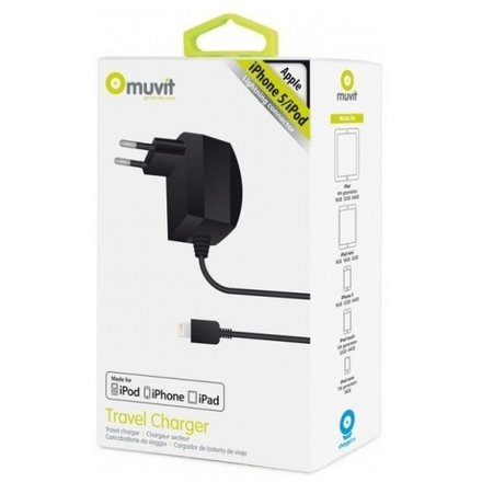 MUVIT Travel Charger for Apple iPhone 5/5S/SE,6,7,8,X and iPod 5, Lightning connector, MFI, 1A, black