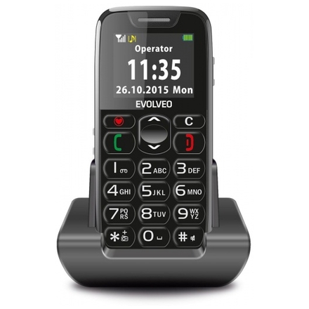 EVOLVEO EasyPhone, mobilní telefon pro seniory s nabíjecím stojánkem (černá barva), EP-500-BLK