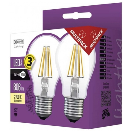 EMOS LED ŽÁROVKA FILAMENT A60 6W E27 teplá bílá 2ks, 1525283231