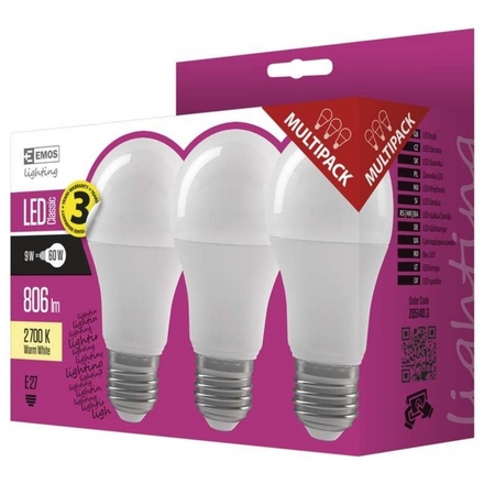 EMOS LED ŽÁROVKA CLASSIC A60 9W E27 teplá bílá 3ks, 1525733202