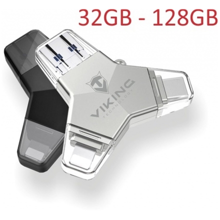 VIKING USB FLASH DISK 3.0 4v1 128GB, S KONCOVKOU APPLE LIGHTNING, USB-C, MICRO USB, USB3.0, černá, VUFII128B