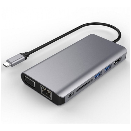 PremiumCord Převodník USB3.1 typ C na HDMI+VGA+RJ45+2xUSB3.0+SD card +3,5mm+PD charge, ku31dock08