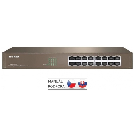 Tenda TEG1016D - 16x Gigabit Switch, Fanless-bez ventilátorů, Rackmount, ochrana proti přepětí, TEG1016D