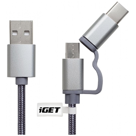 iGET G2V1 - USB kabel Micro USB/ USB - C dlouhý pro veškeré mobilní telefony, včetně odolných, G2V1