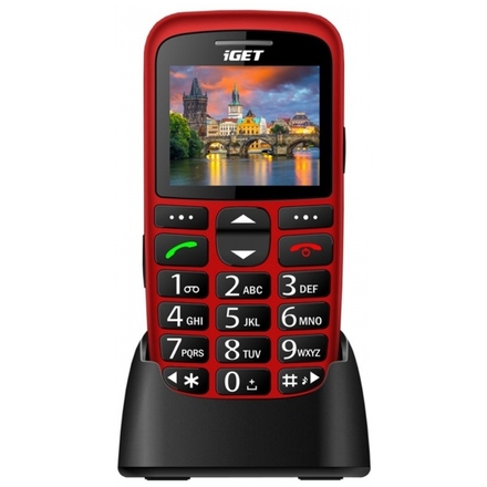 iGET SIMPLE D7 Red, seniorský, Bluetooth, FM rádio, kamera, svítilna, výdrž 15 dní,microSD, stojánek, D7 Red