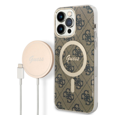 Guess 4G MagSafe Kompatibilní Zadní Kryt + Bezdrátová Nabíječka pro iPhone 14 Pro Max Brown, BUGUHMP14XH4EACSW