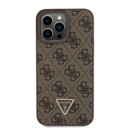 Guess PU 4G Strass Triangle Metal Logo Zadní Kryt pro iPhone 15 Pro Max Brown, GUHCP15XP4TDPW