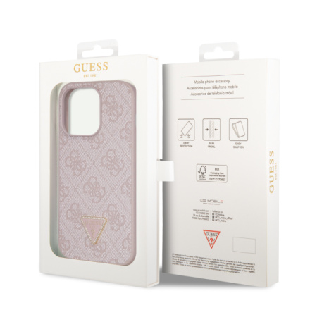 Guess PU 4G Strass Triangle Metal Logo Zadní Kryt pro iPhone 15 Pro Pink, GUHCP15LP4TDPP