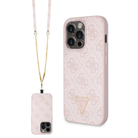 Guess PU 4G Strass Triangle Metal Logo Zadní Kryt + Crossbody Popruh pro iPhone 15 Pro Max Pink, GUHCP15XP4TDSCPP