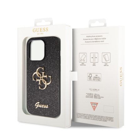 Guess PU Fixed Glitter 4G Metal Logo Zadní Kryt pro iPhone 15 Pro Max Black, GUHCP15XHG4SGK