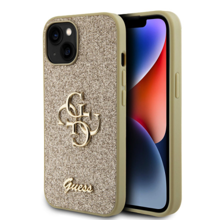 Guess PU Fixed Glitter 4G Metal Logo Zadní Kryt pro iPhone 15 Gold, GUHCP15SHG4SGD