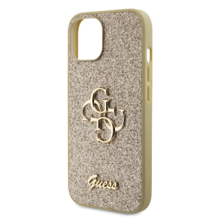 Guess PU Fixed Glitter 4G Metal Logo Zadní Kryt pro iPhone 15 Gold, GUHCP15SHG4SGD