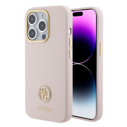 Guess Liquid Silicone 4G Strass Metal Logo Zadní Kryt pro iPhone 15 Pro Pink, GUHCP15LM4DGPP