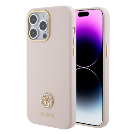 Guess Liquid Silicone 4G Strass Metal Logo Zadní Kryt pro iPhone 15 Pro Max Pink, GUHCP15XM4DGPP