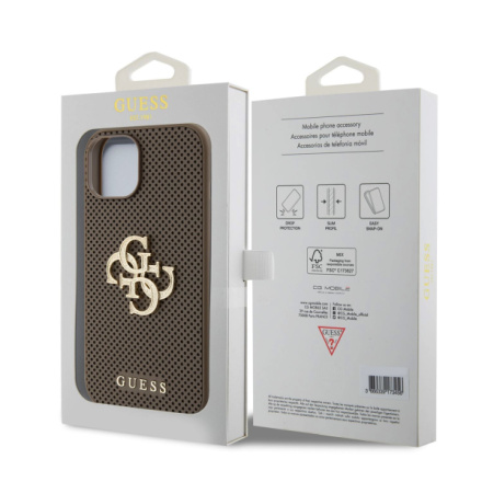 Guess PU Perforated 4G Glitter Metal Logo Zadní Kryt pro iPhone 15 Taupe, GUHCP15SPSP4LGE