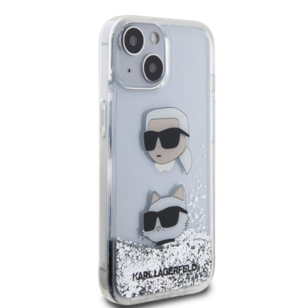 Karl Lagerfeld Liquid Glitter Karl and Choupette Head Zadní Kryt pro iPhone 15 Silver, KLHCP15SLDHKCNS