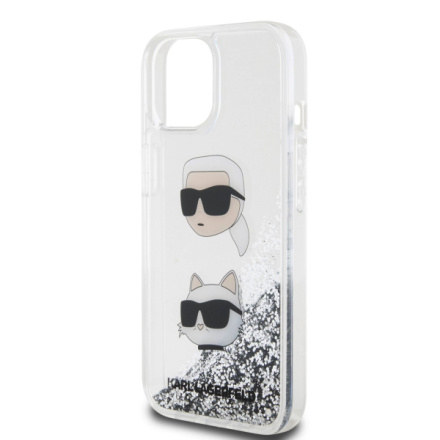 Karl Lagerfeld Liquid Glitter Karl and Choupette Head Zadní Kryt pro iPhone 15 Silver, KLHCP15SLDHKCNS