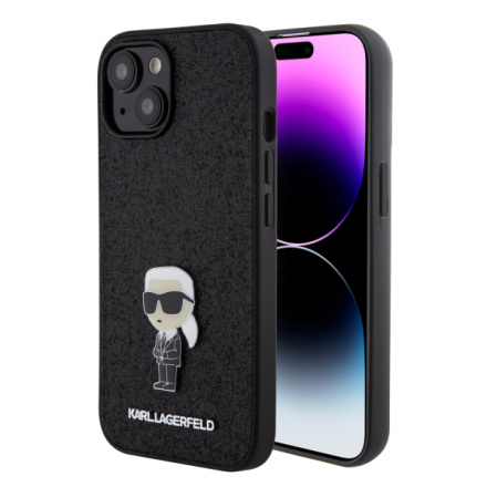 Karl Lagerfeld Fixed Glitter Metal Ikonik Zadní Kryt pro iPhone 15 Black, KLHCP15SGKNPSK