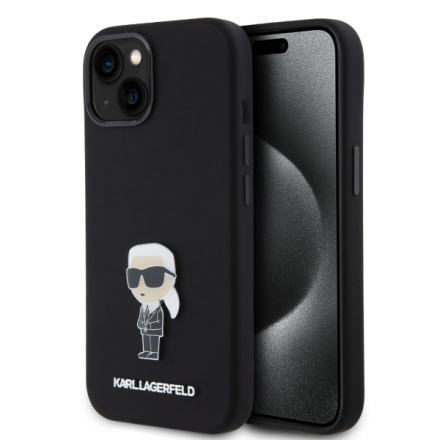 Karl Lagerfeld Liquid Silicone Metal Ikonik Zadní Kryt pro iPhone 15 Black, KLHCP15SSMHKNPK