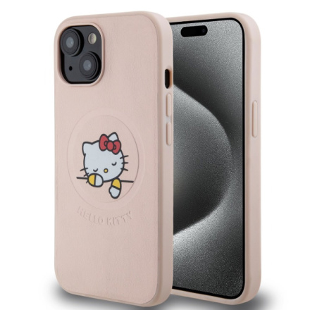 Hello Kitty PU Kitty Asleep Logo MagSafe Zadní Kryt pro iPhone 15 Pink, HKHMP15SPMHSKP