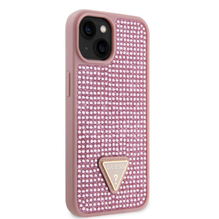 Guess Rhinestones Triangle Metal Logo Kryt pro iPhone 15 Pink, GUHCP15SHDGTPP