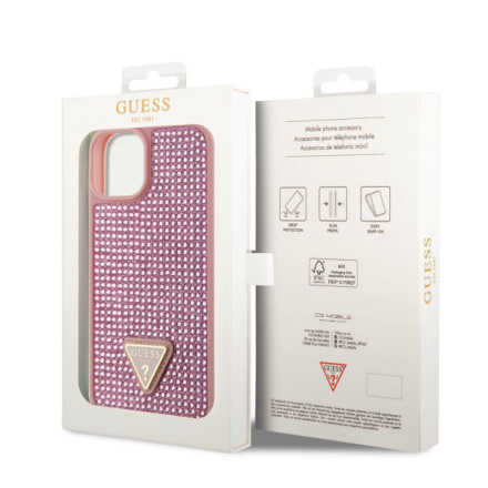 Guess Rhinestones Triangle Metal Logo Kryt pro iPhone 15 Pink, GUHCP15SHDGTPP