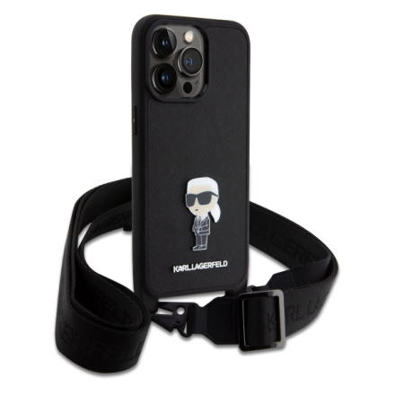 Karl Lagerfeld Saffiano Crossbody Metal Ikonik Zadní Kryt pro iPhone 15 Pro Max Black, KLHCP15XSASKNPBK
