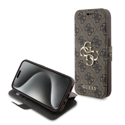 Guess PU Leather 4G Metal Logo Book Pouzdro pro iPhone 15 Pro Max Brown, GUBKP15X4GMGBR