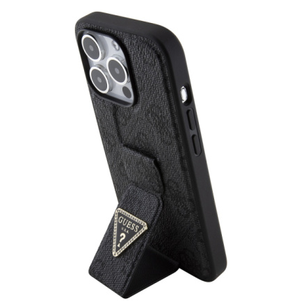 Guess PU Grip Stand 4G Strass Triangle Metal Logo Zadní Kryt pro iPhone 15 Pro Black, GUHCP15LPGS4TDK