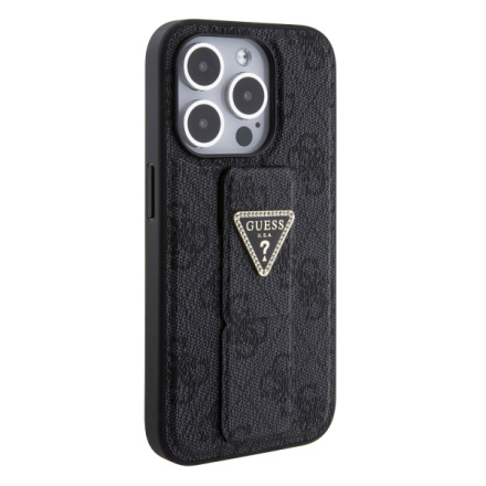 Guess PU Grip Stand 4G Strass Triangle Metal Logo Zadní Kryt pro iPhone 15 Pro Black, GUHCP15LPGS4TDK