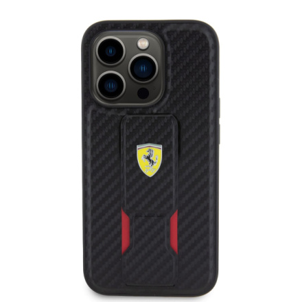 Ferrari Carbon Grip Stand Zadní Kryt pro iPhone 15 Pro Max Black, FEHCP15XGSNCAK