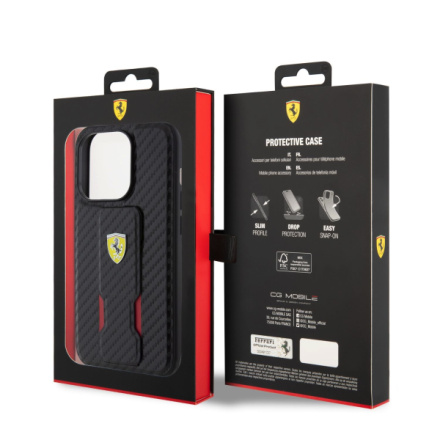 Ferrari Carbon Grip Stand Zadní Kryt pro iPhone 15 Pro Max Black, FEHCP15XGSNCAK