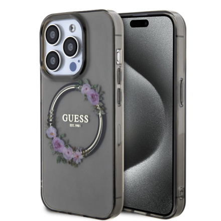 Guess PC/TPU Flowers Ring Glossy Logo MagSafe Zadní Kryt pro iPhone 14 Pro Max Black , GUHMP14XHFWFCK