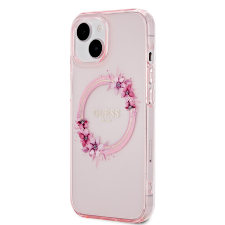 Guess PC/TPU Flowers Ring Glossy Logo MagSafe Zadní Kryt pro iPhone 15 Pink, GUHMP15SHFWFCP