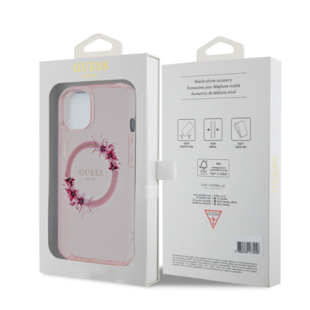 Guess PC/TPU Flowers Ring Glossy Logo MagSafe Zadní Kryt pro iPhone 15 Pink, GUHMP15SHFWFCP