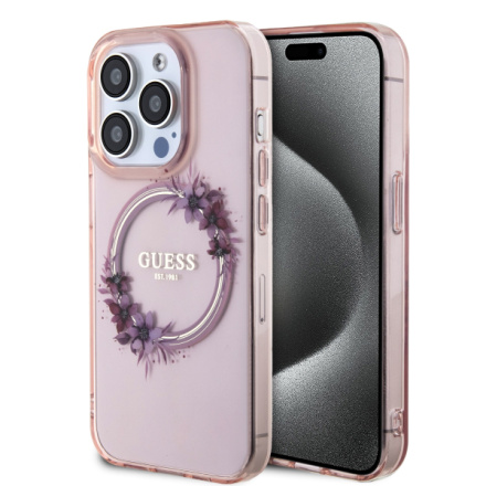 Guess PC/TPU Flowers Ring Glossy Logo MagSafe Zadní Kryt pro iPhone 15 Pro Pink, GUHMP15LHFWFCP