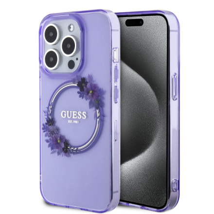 Guess PC/TPU Flowers Ring Glossy Logo MagSafe Zadní Kryt pro iPhone 15 Pro Purple, GUHMP15LHFWFCU