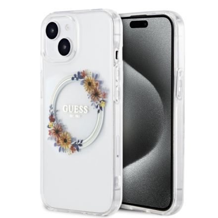 Guess PC/TPU Flowers Ring Glossy Logo MagSafe Zadní Kryt pro iPhone 14 Transparent, GUHMP14SHFWFCT