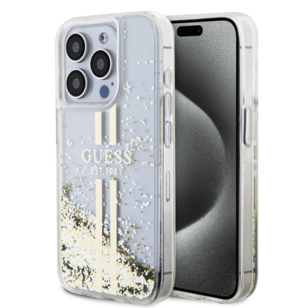 Guess PC/TPU Liquid Glitter Gold Stripe Zadní Kryt pro iPhone 15 Pro Transparent, GUHCP15LLFCSEGT