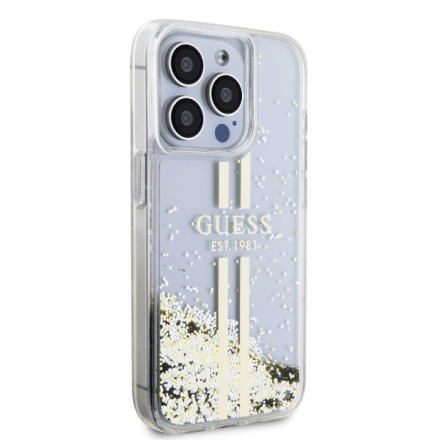 Guess PC/TPU Liquid Glitter Gold Stripe Zadní Kryt pro iPhone 15 Pro Max Transparent, GUHCP15XLFCSEGT