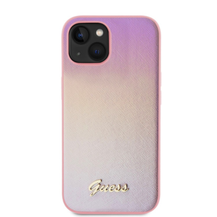 Guess PU Leather Iridescent Metal Script Zadní Kryt pro iPhone 15 Pink, GUHCP15SPSAIRSP